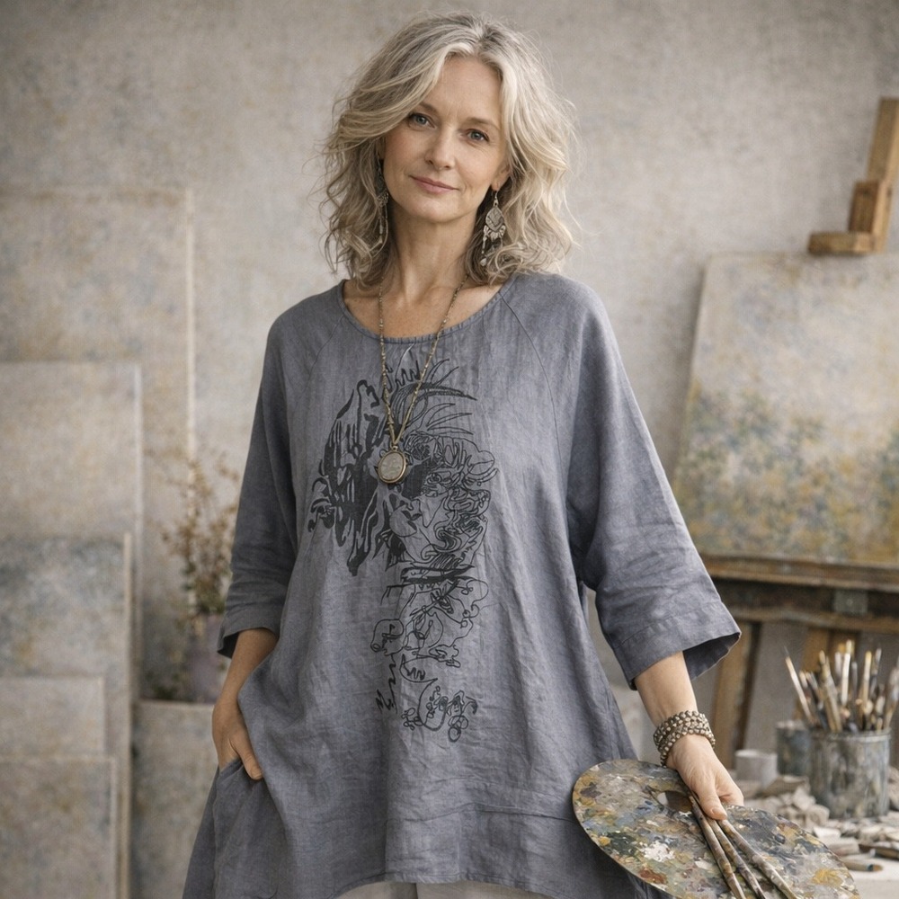 Peacock Ways Linen Tunic‎ Dress Womens M Gray Boho Chic Lagenlook Minimalist